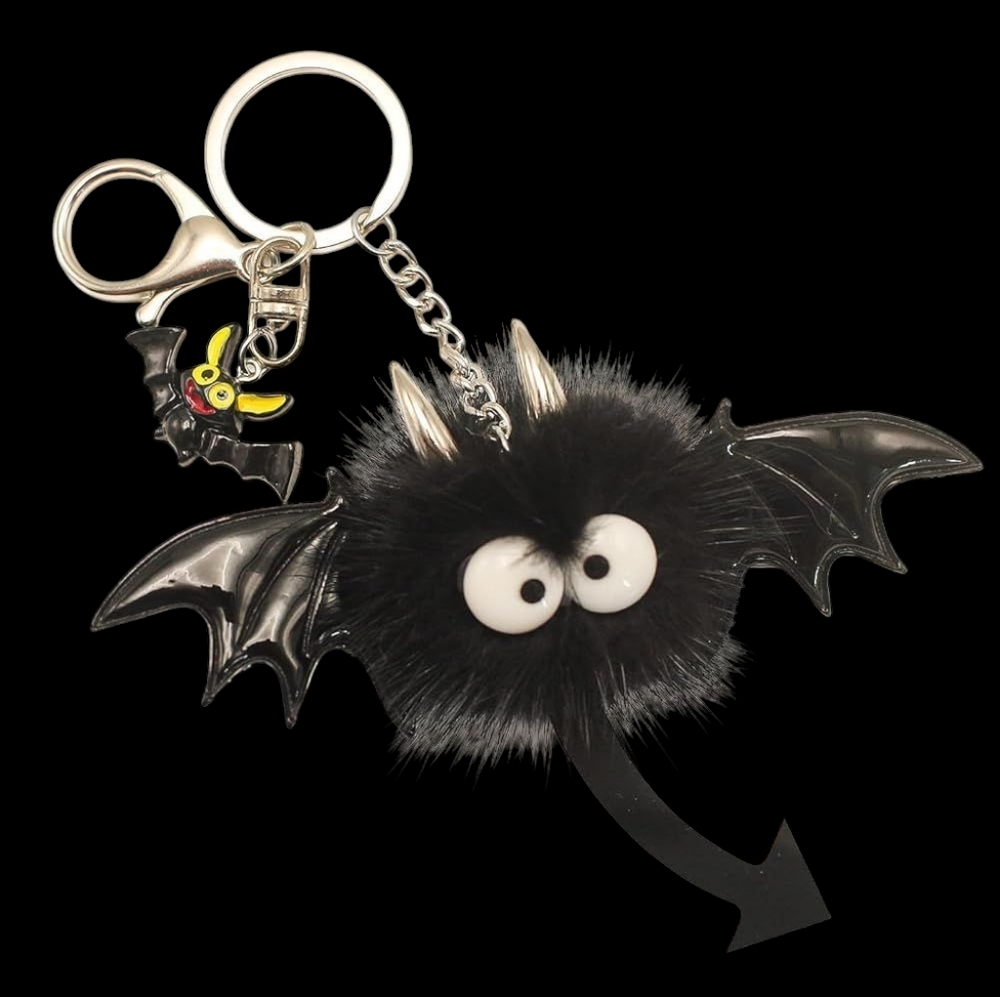 Cute Black Bat Keychain with Fluffy Pom - Picture 4 of 6